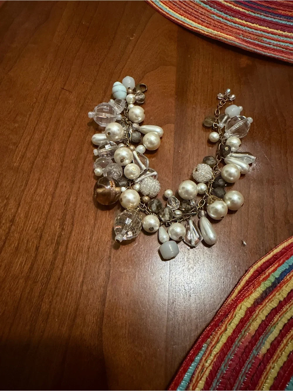 Vintage Gold Chain Pearl & Crystal Charm Bracelet - Women Jewelry